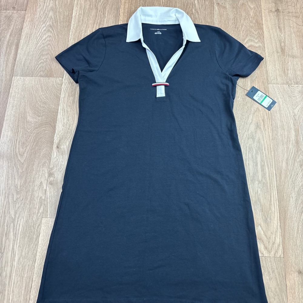 Tommy Hilfiger Womens Navy Blue White V-Neck Polo T-Shirt Dress L A5EA1A8M